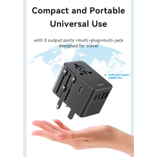 USAMS φορτιστής/αντάπτορας πρίζας CC310, 2x USB & 3x USB-C, universal, 70W, μαύρος