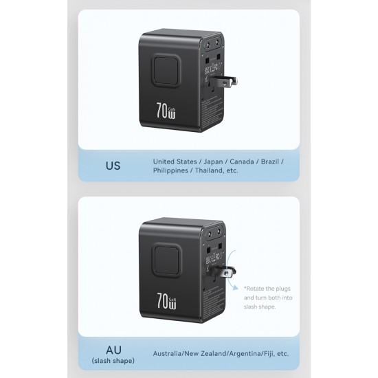 USAMS φορτιστής/αντάπτορας πρίζας CC310, 2x USB & 3x USB-C, universal, 70W, μαύρος