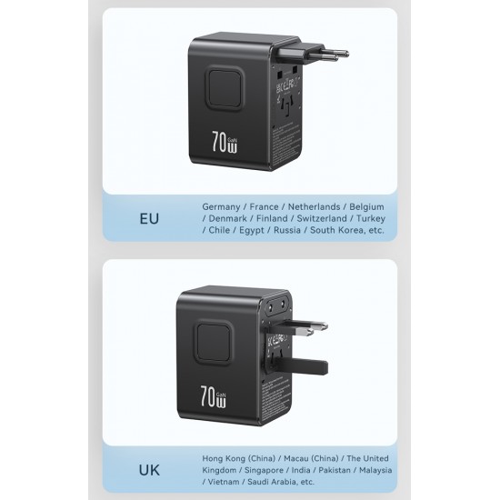 USAMS φορτιστής/αντάπτορας πρίζας CC310, 2x USB & 3x USB-C, universal, 70W, μαύρος