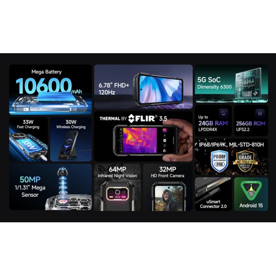 ULEFONE smartphone Armor 27T Pro Plus, 6.78", 12/256GB, 5G, 10600mAh, FLIR 3.5, IP68/IP69K, μαύρο