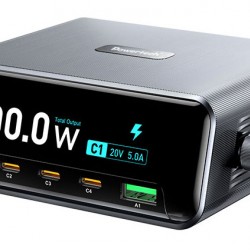 POWERTECH σταθμός φόρτισης PT-1622 με οθόνη, USB & 4x USB-C, GaN, 100W, ασημί