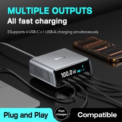 POWERTECH σταθμός φόρτισης PT-1622 με οθόνη, USB & 4x USB-C, GaN, 100W, ασημί