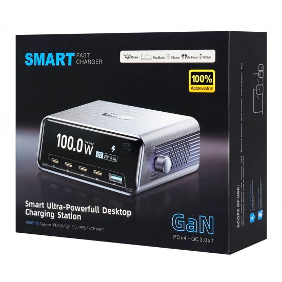POWERTECH σταθμός φόρτισης PT-1622 με οθόνη, USB & 4x USB-C, GaN, 100W, ασημί