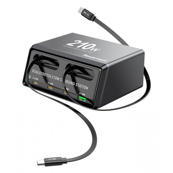 POWERTECH σταθμός φόρτισης PT-1623, USB/3x USB-C/2x USB-C καλώδια, GaN, 160W, μαύρος