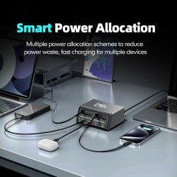 POWERTECH σταθμός φόρτισης PT-1623, USB/3x USB-C/2x USB-C καλώδια, GaN, 160W, μαύρος