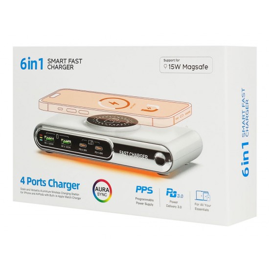 POWERTECH σταθμός φόρτισης PT-1624, 2x USB/2x USB-C/wireless, 72W, λευκός