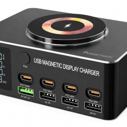 POWERTECH σταθμός φόρτισης PT-1625 με οθόνη, 4x USB/4x USB-C/wireless, 140W, μαύρος