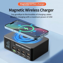 POWERTECH σταθμός φόρτισης PT-1625 με οθόνη, 4x USB/4x USB-C/wireless, 140W, μαύρος