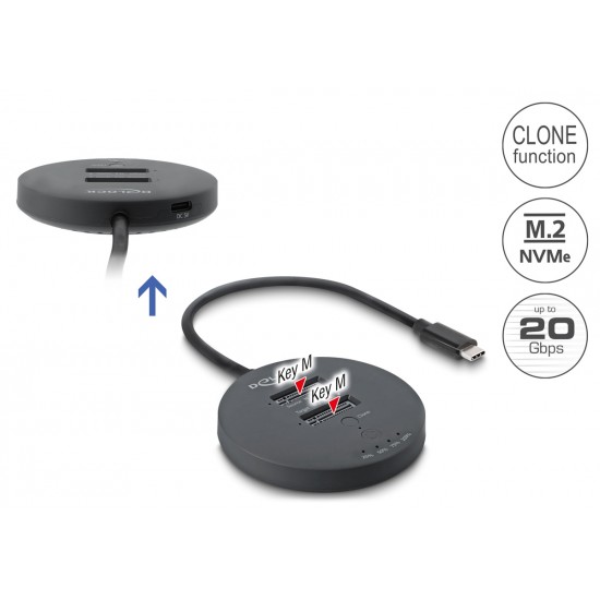 DELOCK docking station για M.2 NVMe PCIe SSD 64364, 2 θέσεων, 20Gbps, clone function, μαύρο