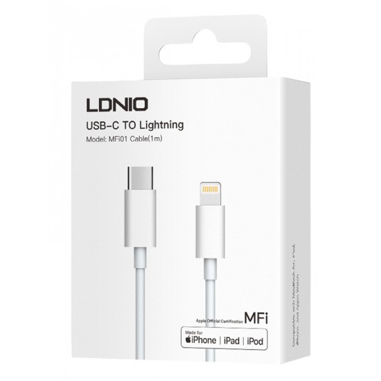 LDNIO καλώδιο Lightning σε USB-C MFi01, MFi, 30W, 480Mbps, 1m, λευκό