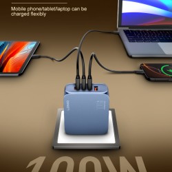 LDNIO φορτιστής τοίχου Q8 με καλώδιο USB-C, USB/Lightning/3x USB-C, GaN, 100W, μπλε