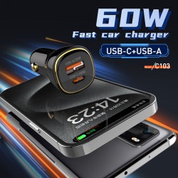 LDNIO φορτιστής αυτοκινήτου C103 με καλώδιο USB-C, USB/USB-C, 60W, μαύρος