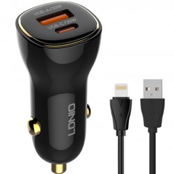 LDNIO φορτιστής αυτοκινήτου C103 με καλώδιο Lightning, USB/USB-C, 60W, μαύρος