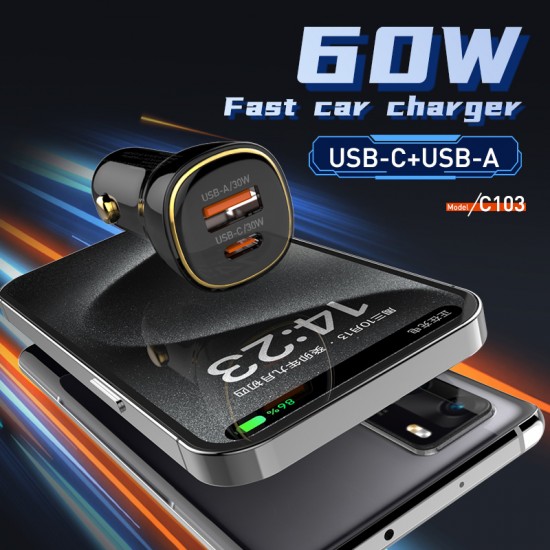LDNIO φορτιστής αυτοκινήτου C103 με καλώδιο Lightning, USB/USB-C, 60W, μαύρος