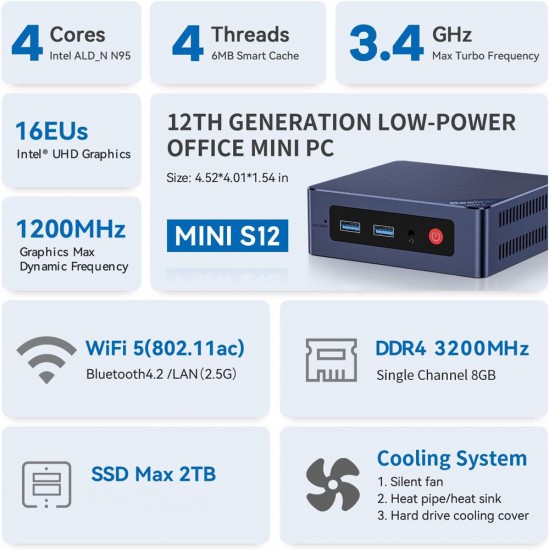 BEELINK mini PC Mini S12, Intel N95, 12GB, 480GB M.2, Windows 11 Pro
