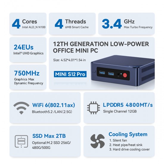 BEELINK mini PC Mini S12 Pro, Intel N100, 12GB, 512GB M.2, Windows 11 Pro
