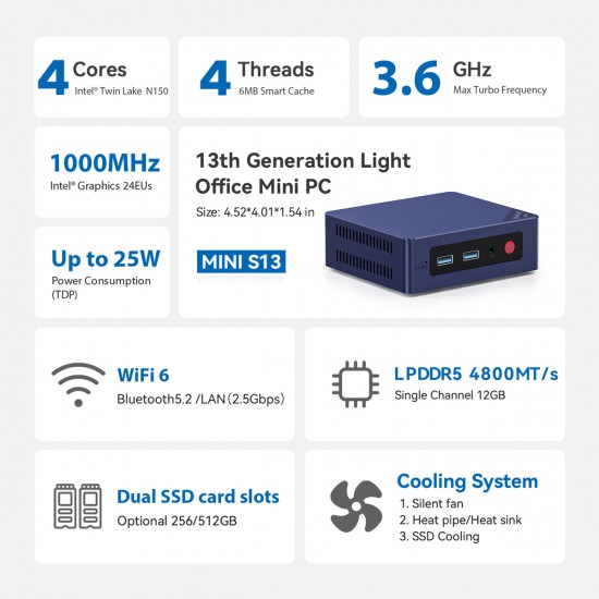 BEELINK mini PC Mini S13, Intel N150, 12GB, 512GB M.2, Windows 11 Pro