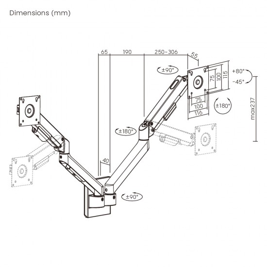 BRATECK επιτοίχια βάση για 2x οθόνες LDA113-114, 17-32", έως 9kg