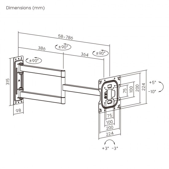 BRATECK επιτοίχια βάση τηλεόρασης LPA95-223L, 23-43", έως 50kg, full motion