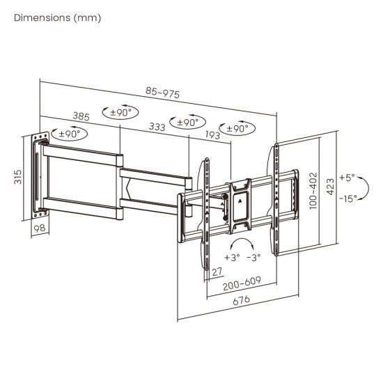 BRATECK επιτοίχια βάση τηλεόρασης LPA95-465XL, 37-86", έως 50kg, full motion