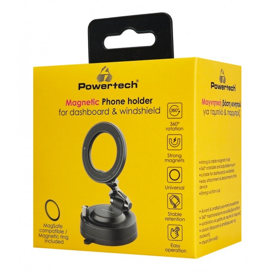 POWERTECH βάση smartphone αυτοκινήτου PT-1629 για ταμπλό/παρμπρίζ, μαγνητική, μαύρη