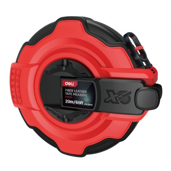 DELI μετροταινία DL9920Y με μηχανισμό αναδίπλωσης, fibreglass ταινία, 20m/65ft x 14.5mm