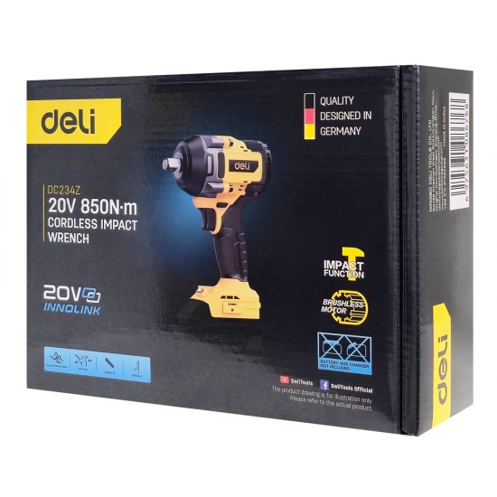 DELI κρουστικό μπουλονόκλειδο μπαταρίας DC234Z, Brushless, 20V, 850N.m, 1/2"