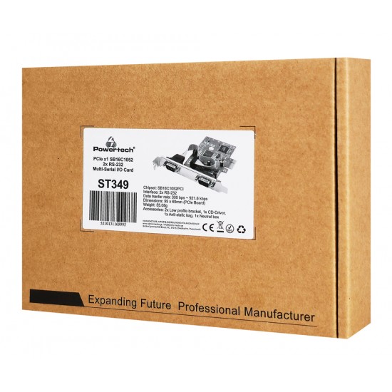 POWERTECH κάρτα επέκτασης PCIe σε 2x serial ST349, 921.6Kbps, SB16C1052PCI