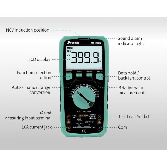 PROSKIT ψηφιακό πολύμετρο MT-1710N, μέτρηση AC/DC, True RMS, NCV