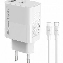 POWERTECH φορτιστής τοίχου PT-1635 με καλώδιο, USB/USB-C, 20W, λευκός