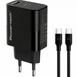 POWERTECH φορτιστής τοίχου PT-1637 με καλώδιο, USB/USB-C, 20W, μαύρος