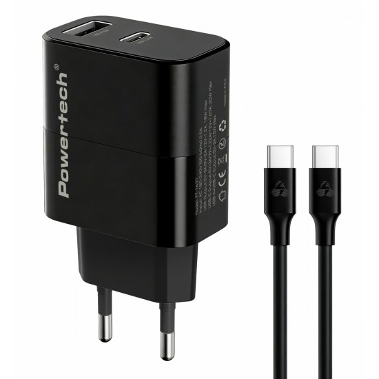 POWERTECH φορτιστής τοίχου PT-1637 με καλώδιο, USB/USB-C, 20W, μαύρος