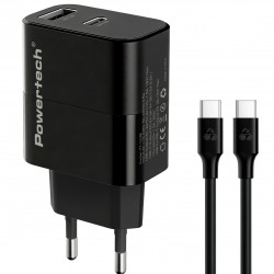 POWERTECH φορτιστής τοίχου PT-1638 με καλώδιο, USB/USB-C, 30W, GaN, μαύρος