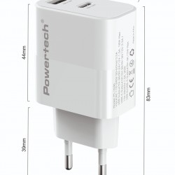 POWERTECH φορτιστής τοίχου PT-1635 με καλώδιο, USB/USB-C, 20W, λευκός