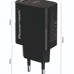 POWERTECH φορτιστής τοίχου PT-1637 με καλώδιο, USB/USB-C, 20W, μαύρος