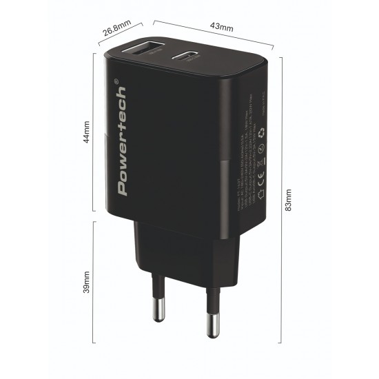 POWERTECH φορτιστής τοίχου PT-1637 με καλώδιο, USB/USB-C, 20W, μαύρος