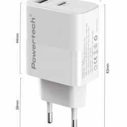 POWERTECH φορτιστής τοίχου PT-1636 με καλώδιο, USB/USB-C, 30W, GaN, λευκός