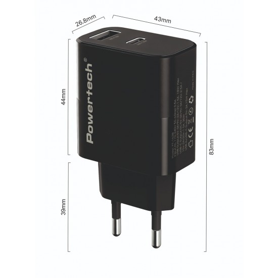 POWERTECH φορτιστής τοίχου PT-1638 με καλώδιο, USB/USB-C, 30W, GaN, μαύρος