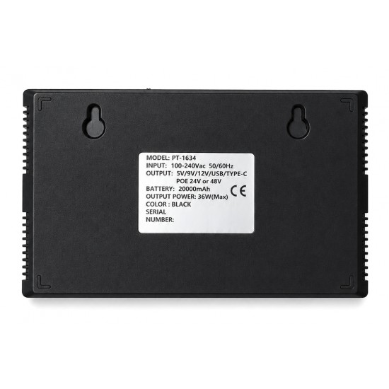 POWERTECH mini DC UPS PT-1634, 36W, 20000mAh, 3x DC, USB/USB-C, PoE/LAN, μαύρο
