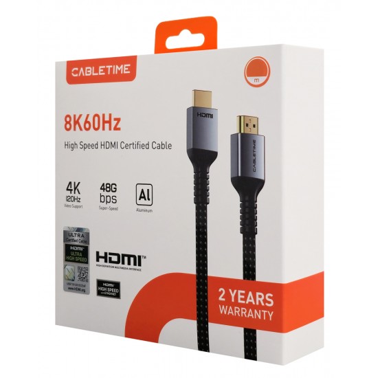 CABLETIME καλώδιο HDMI 2.1 CT-HD8K, 8K/60Hz, 48Gbps, 28AWG, 2m, μαύρο