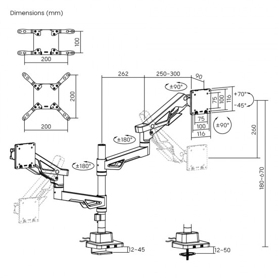 BRATECK gaming βάση γραφείου για 2x οθόνες LDT95-C024UCP, 24-57", έως 27kg, heavy duty
