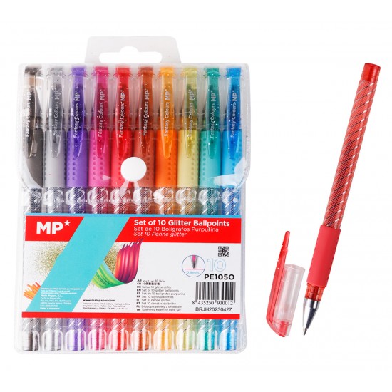 MP σετ στυλό διαρκείας ballpoint PE105O με glitter, 0.9mm, διάφορα χρώματα, 10τμχ