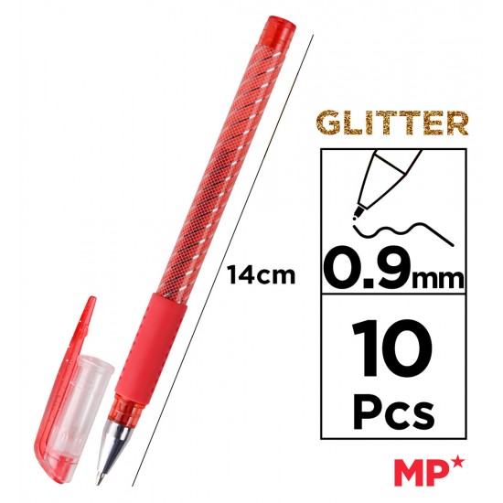 MP σετ στυλό διαρκείας ballpoint PE105O με glitter, 0.9mm, διάφορα χρώματα, 10τμχ