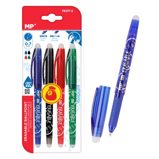 MP σετ στυλό διαρκείας PE217-2, erasable, 0.7mm, μπλε/μαύρο/πράσινο/κόκκινο, 4τμχ