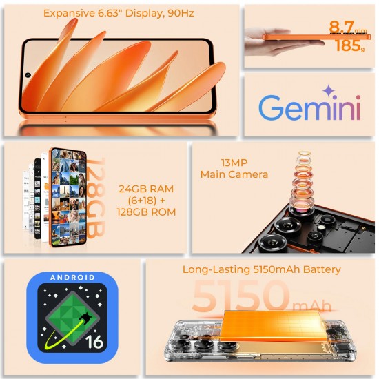 OUKITEL smartphone C26, 6.63", 6/128GB, 5150mAh, πορτοκαλί