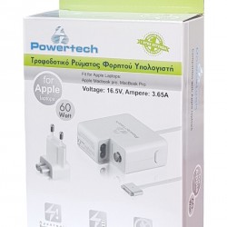 POWERTECH τροφοδοτικό laptop PT-289 για Apple, 60W, 16.5V/3.65A, λευκό