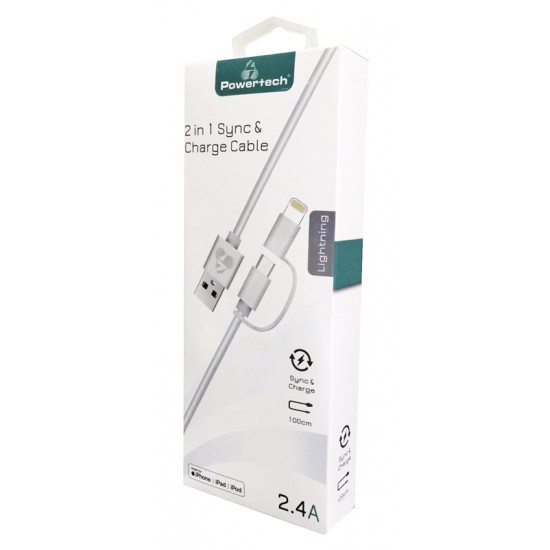 POWERTECH καλώδιο USB σε Micro/Lightning PT-707, MFi, 2.4A, 1m, λευκό