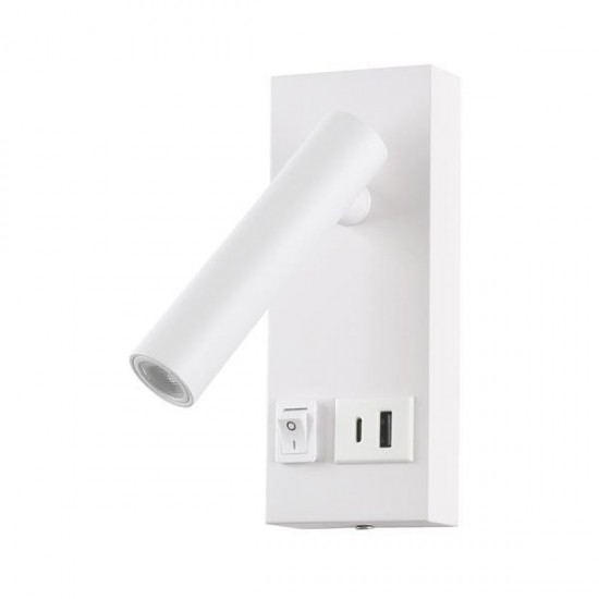 ΑΠΛΙΚΑ ΚΡΕΒΑΤΙΟΥ ΑΝΑΓΝΩΣΗΣ ΜΕ USB TYPE C ΑΛΟΥΜΙΝΙΟ-ΜΕΤΑΛΛΙΚΟ LED 2W 140Lm 3000K 150X60X145mm 100-240AC ΑΣΠΡΗ ARTE ILLUMINA CHARGE
